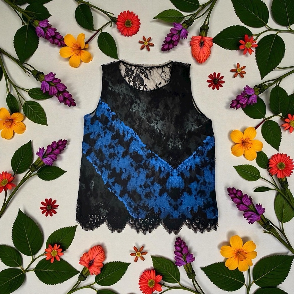 Elie Tahari Lace Sleeveless Blouse - Black and Blue